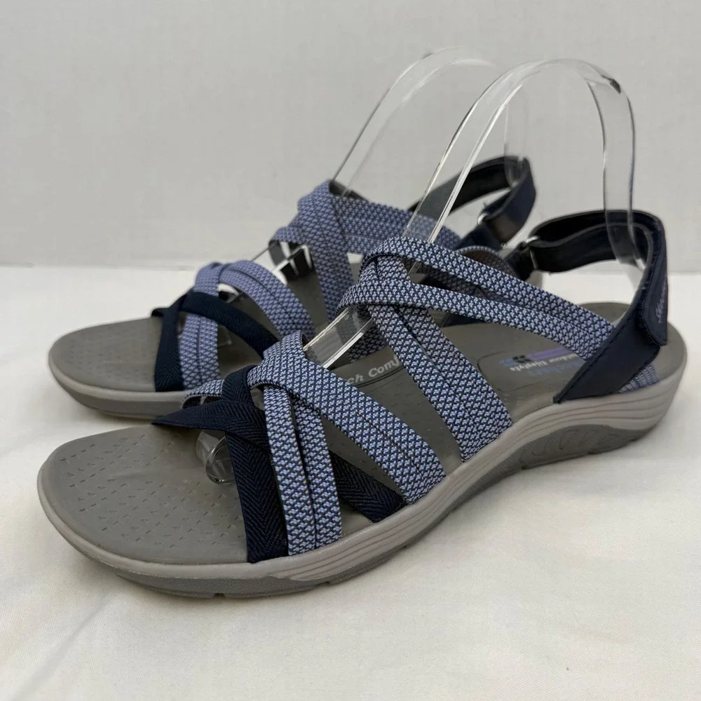 Skechers Reggae Slim Stretch Sandals Blue Navy Strappy Arch Comfort Footbed